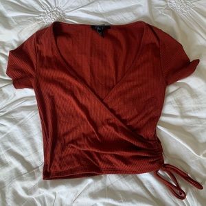 Forever 21 Orange V-Neck Cropped Shirt with Cinch, Size Small
